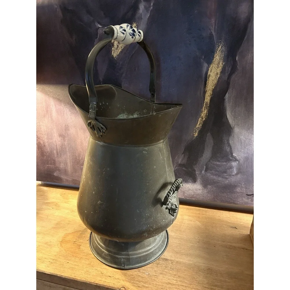 antique vintage coal scuttle made brass distinctive Delft blue porcelain handle